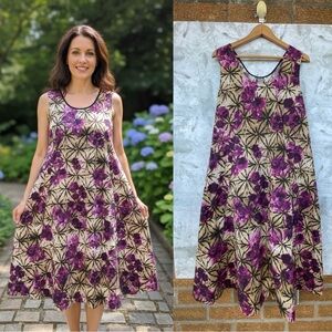 Lilith Floral Cotton A-Line Dress w/ Pockets Beige Purple Artsy Boho large
